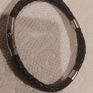Men's Black Braided Leather Bracel Sterling Silver